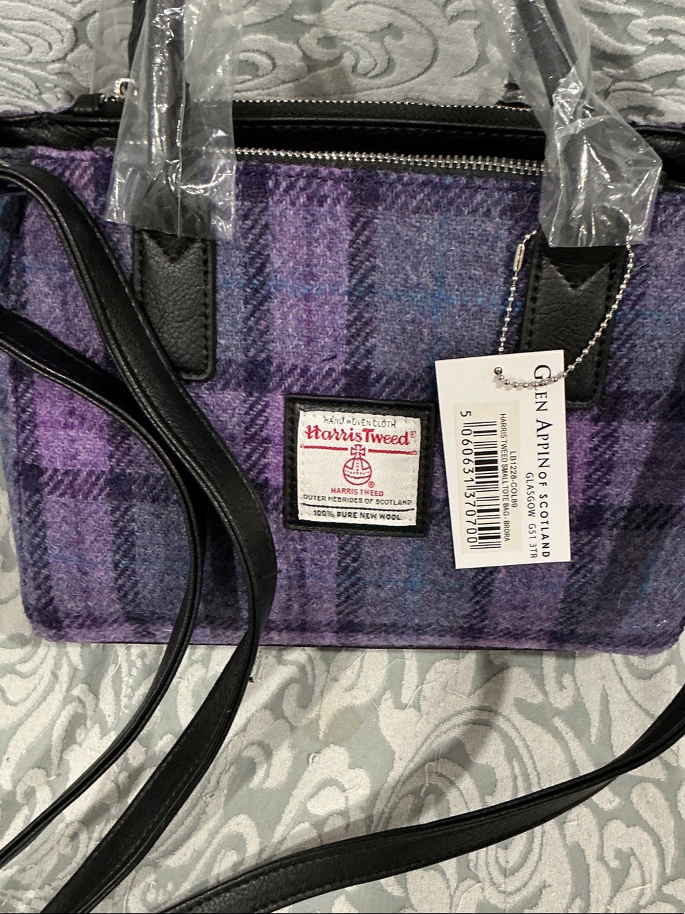 Glen Appin Purple Plaid Harris Tweed Satchel with Black Trim - Picture 3 of 6